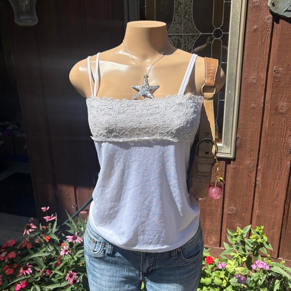 y2k 2000s white floral lace babydoll cami top